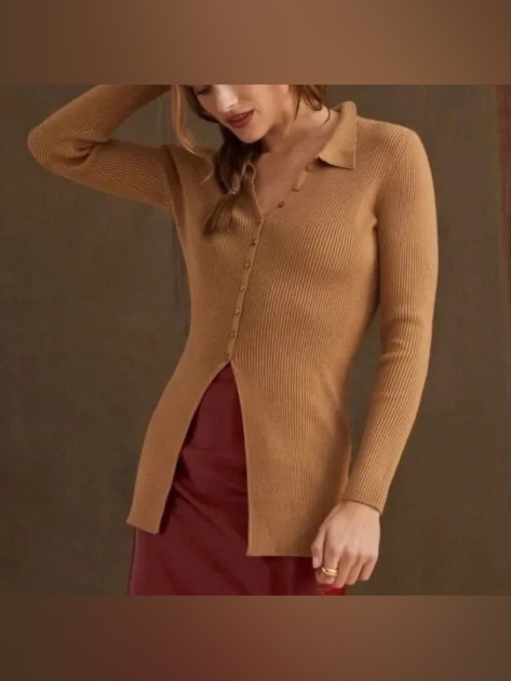 Anthropologie Camel Ribbed Button-Front Longline Cardigan